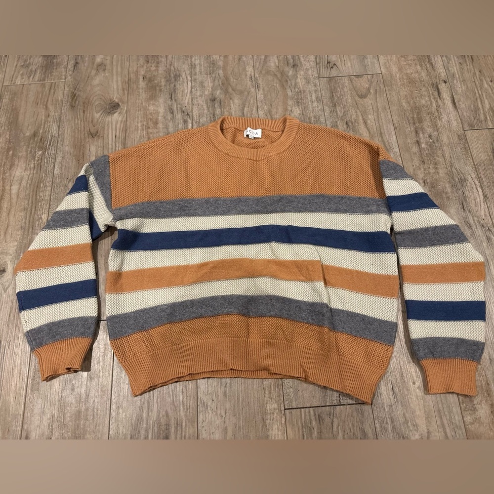 ACOA Striped Sweater in Orange, Blue, and Gray Size Large